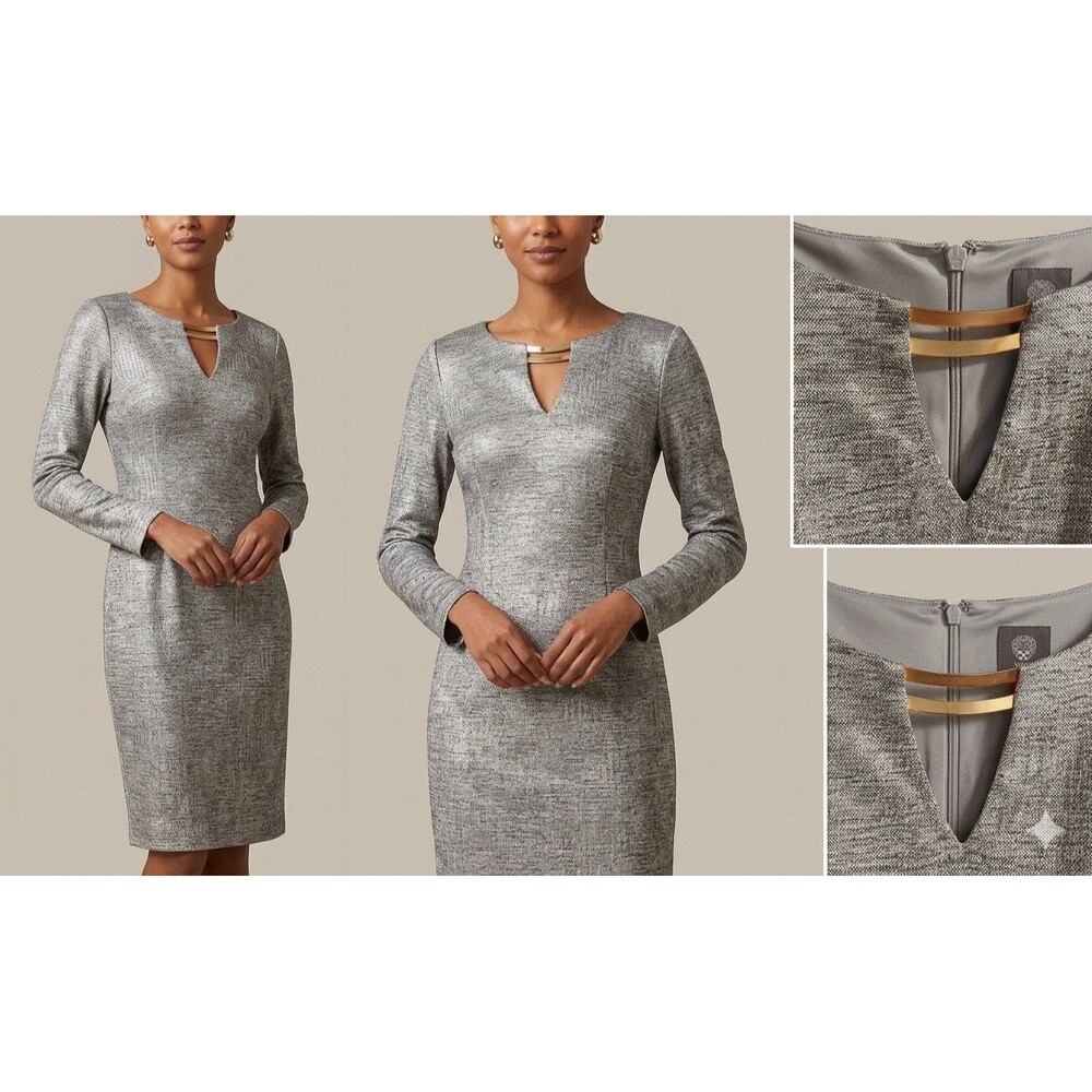 Vince Camuto Metallic Grey Sheath Dress Gold Bar Hardware Long Sleeve Size 4